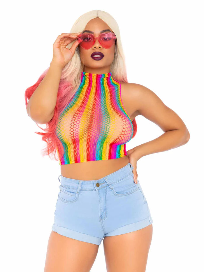 LEG AVENUE RAINBOW NET HIGH NECK CROP TOP ONE SIZE