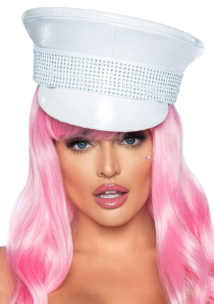 LEG AVENUE RHINESTONE TRIMMED MILITARY HAT - WHITE