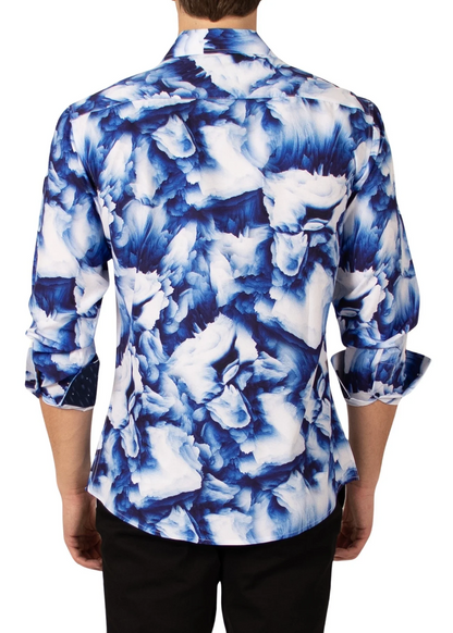 BESPOKE FLOCKED FLORAL L/S BUTTON DOWN - WHITE/BLUE