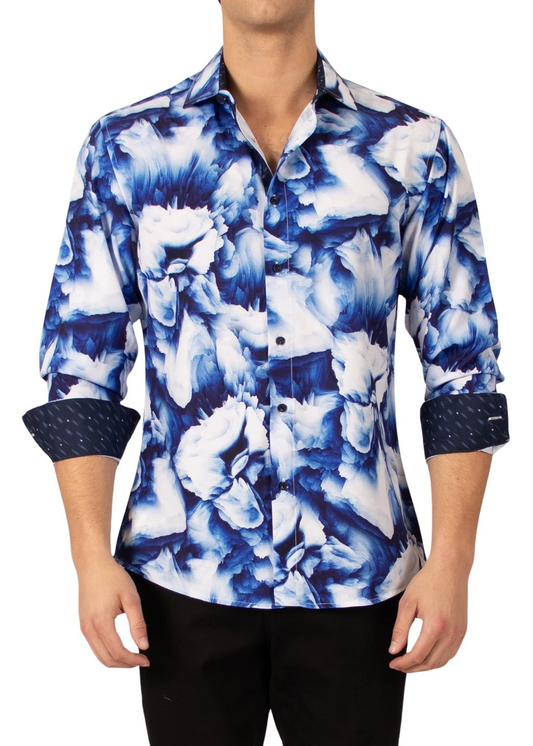 BESPOKE FLOCKED FLORAL L/S BUTTON DOWN - WHITE/BLUE