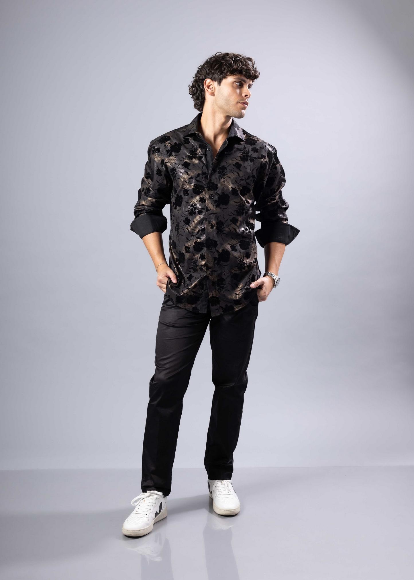 BESPOKE FLOCKED ROSES L/S BUTTON DOWN BLACK