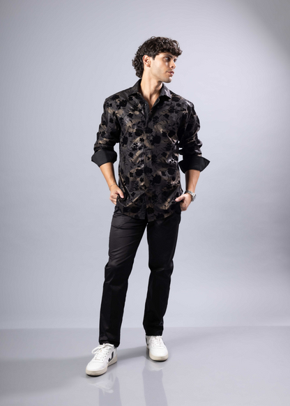 BESPOKE FLOCKED ROSES L/S BUTTON DOWN BLACK