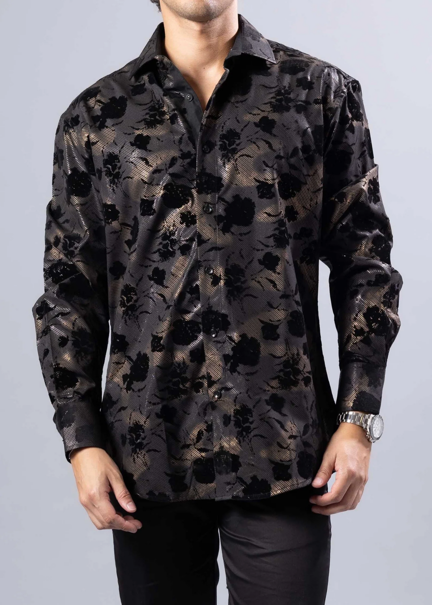 BESPOKE FLOCKED ROSES L/S BUTTON DOWN BLACK