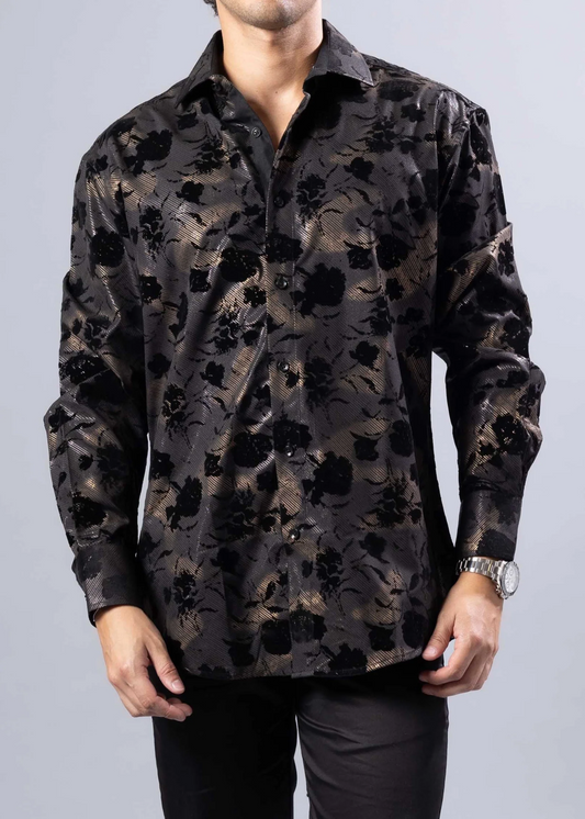 BESPOKE FLOCKED ROSES L/S BUTTON DOWN BLACK