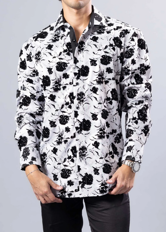 BESPOKE FLOCKED ROSES L/S BUTTON DOWN - WHITE