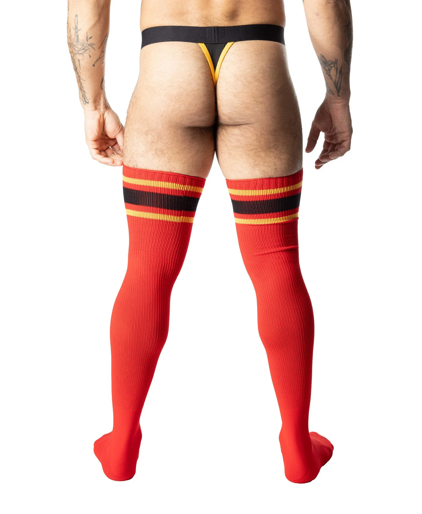 NASTY PIG HOOK'D UP THIGH HIGH SOCK - RED/GOLD/BLACK