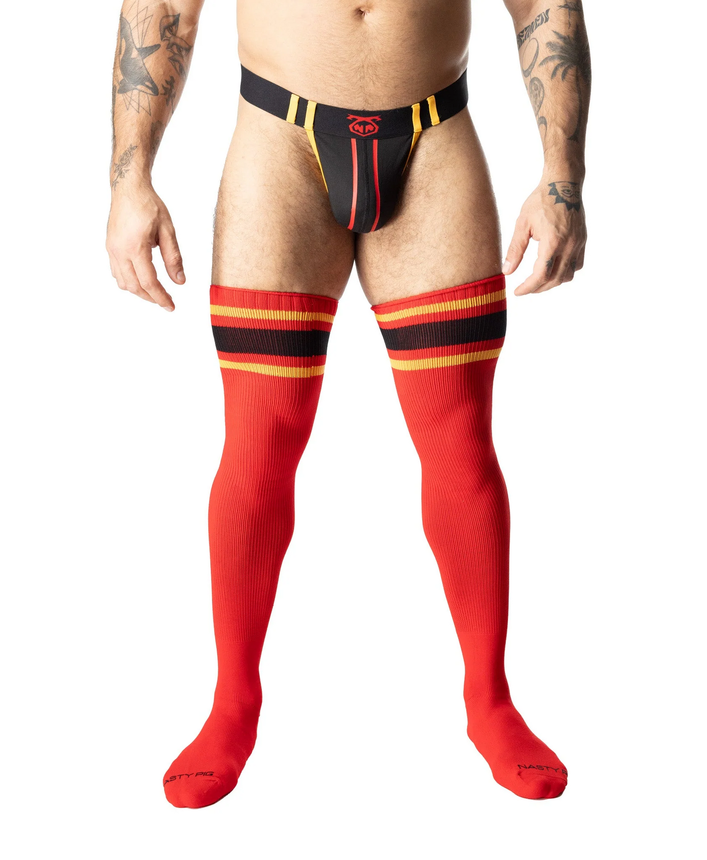 NASTY PIG HOOK'D UP THIGH HIGH SOCK - RED/GOLD/BLACK