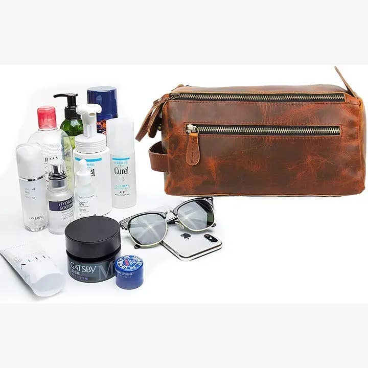 Tuzech Handmade Vintage Leather Toiletry Bag – Dark Brown