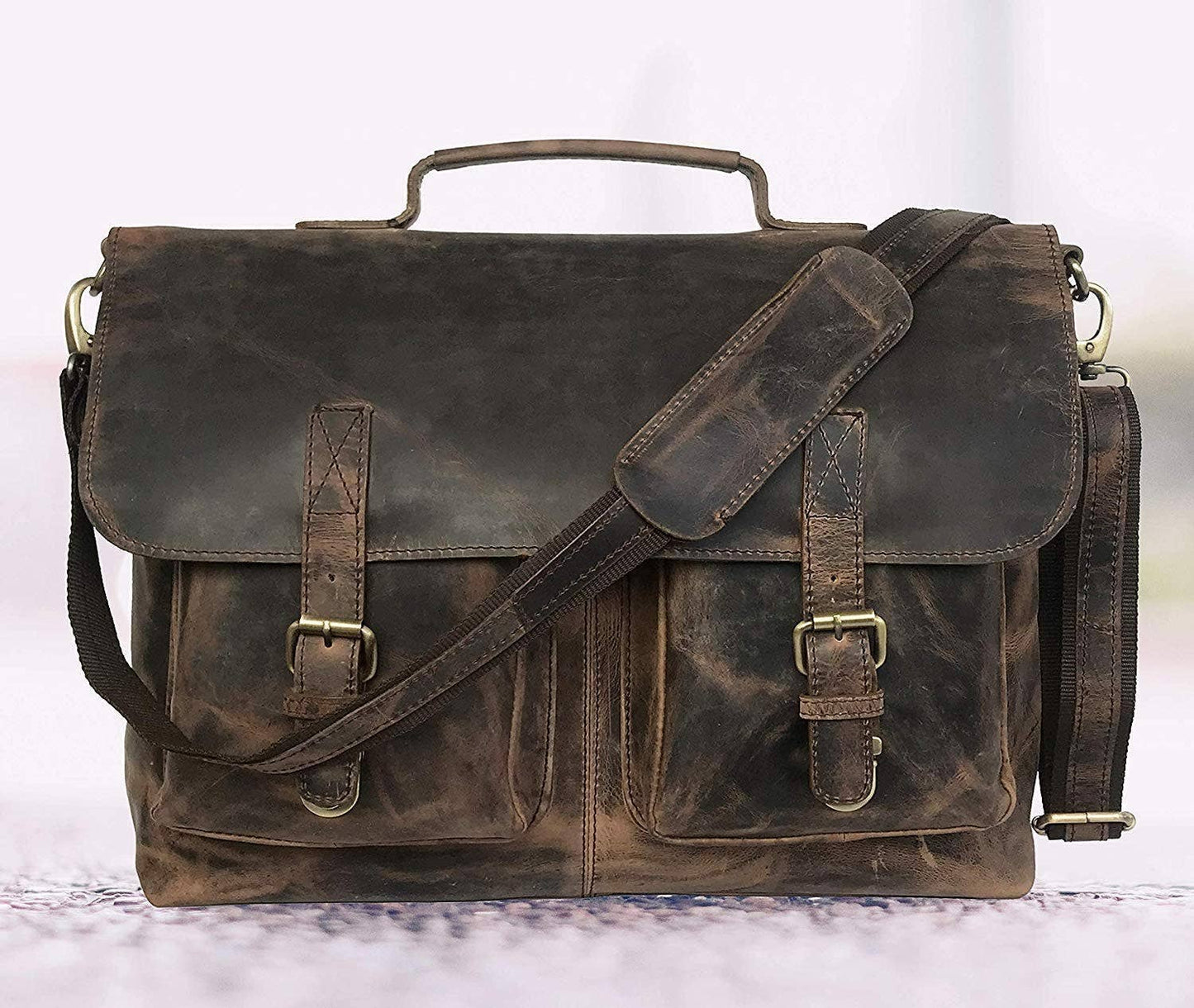 TUZECH LEATHER Sperry Leather 16 Inch Retro Buffalo Hunter Leather Laptop Messenger BaG