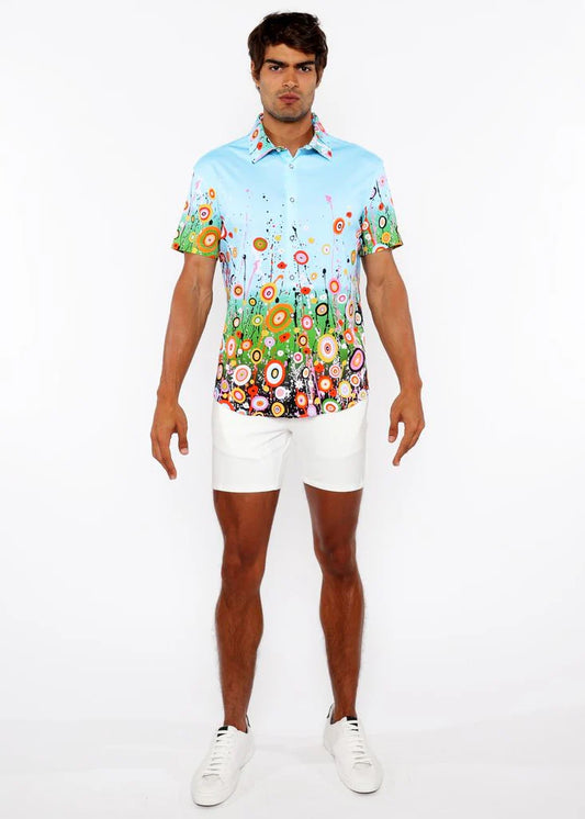 ST33LE CIRCLE BURSTS PRINT SHORT SLEEVE - SKY/ MULTI
