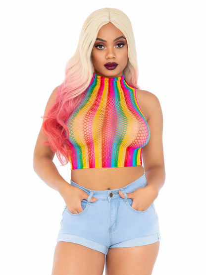 LEG AVENUE RAINBOW NET HIGH NECK CROP TOP ONE SIZE