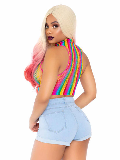 LEG AVENUE RAINBOW NET HIGH NECK CROP TOP ONE SIZE