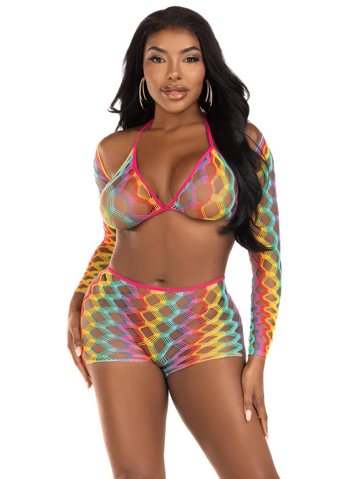 LEG AVENUE 3PC NET BRA TOP, SHRUG, & BOY SHORTS ONE SIZE