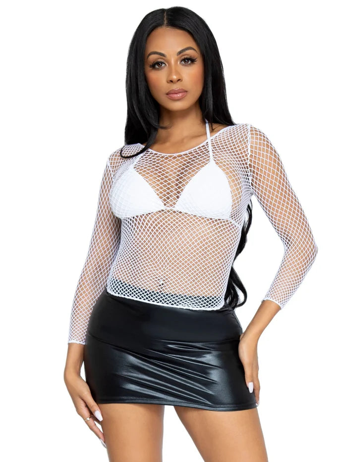 LEG AVENUE SPANDEX LONG SLEEVED INDISTRIAL NET SHIRT - WHITE