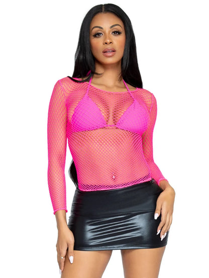 LEG AVENUE SPANDEX LONG SLEEVED INDISTRIAL NET SHIRT - NEON PINK