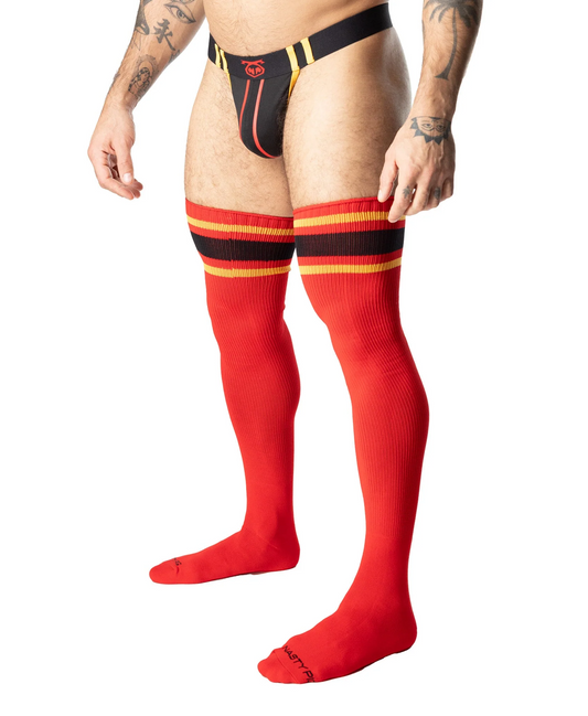 NASTY PIG HOOK'D UP THIGH HIGH SOCK - RED/GOLD/BLACK
