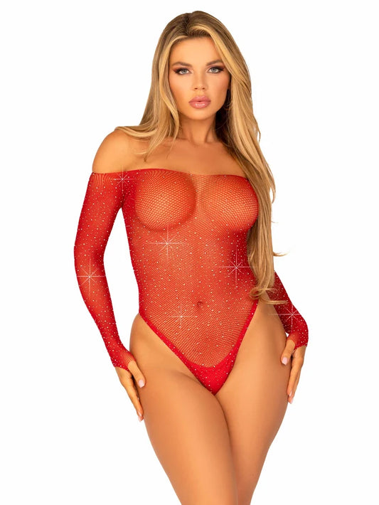 LEG AVENUE RHINESTONE SNAP CROTCH BODYSUIT - RED