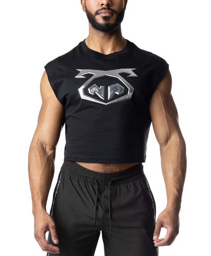 Man wearing a black sleeveless shirt with a logo on a white background