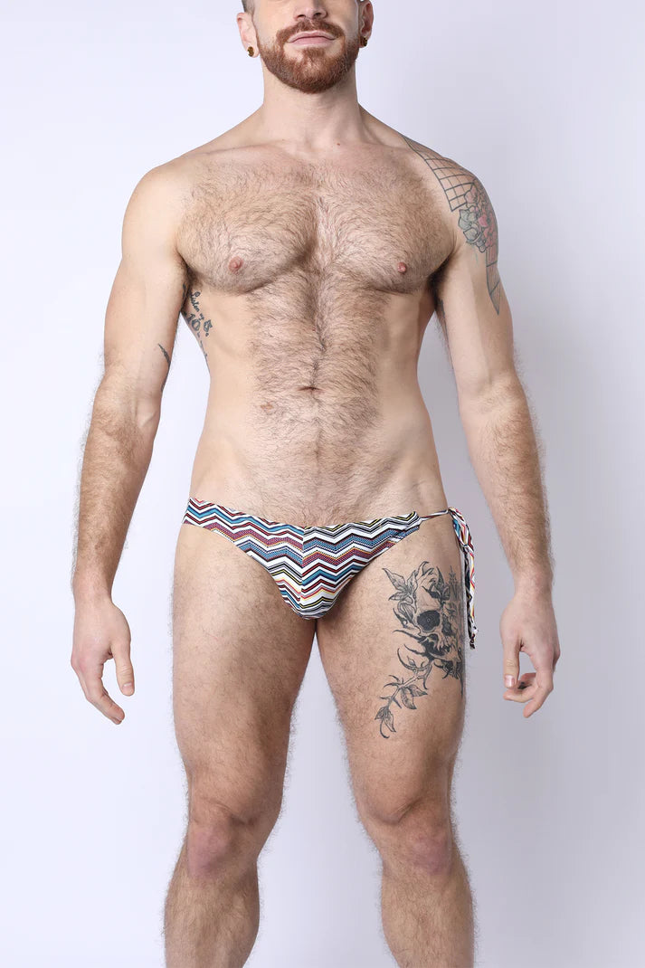 TIMOTEO MAUI REVERSIBLE TIE SWIM BRIEF - TURQUOISE/ ZIG ZAG PRINT