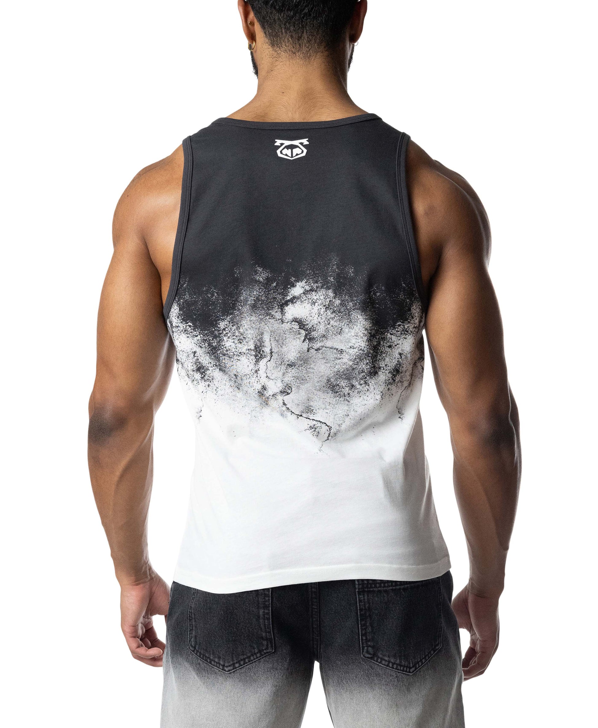 Man wearing a black and white tank top with a gradient design on a white background