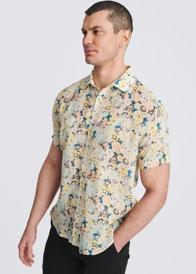 POSTMARC LIGHTWEIGHT LINEN/ TENCEL SHORT SLEEVE - YELLOW/ TEAL FLORAL