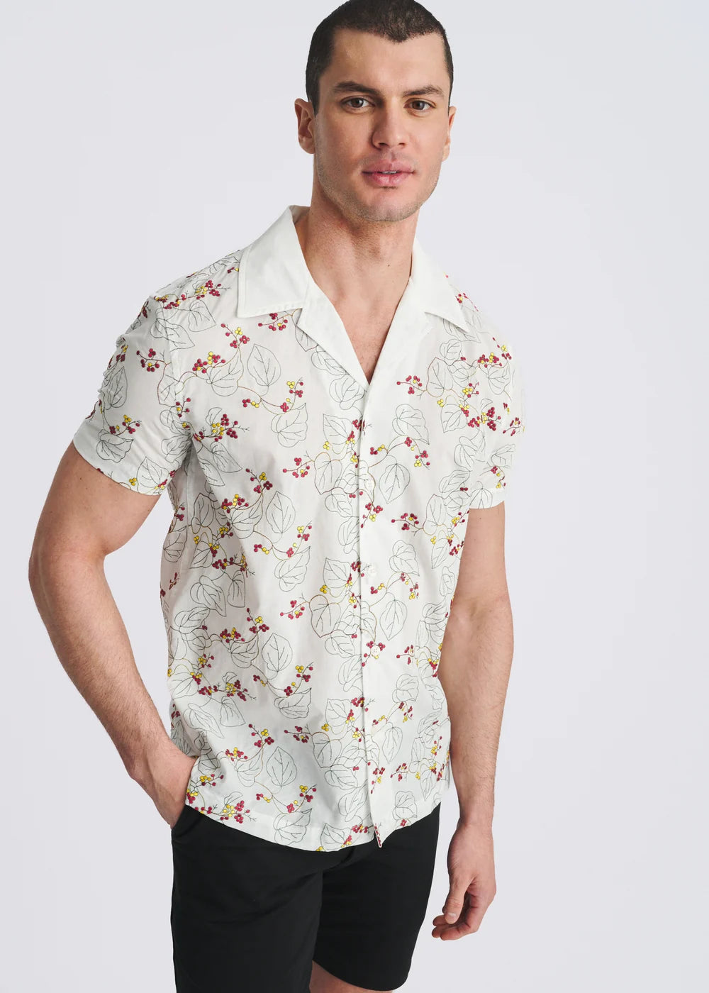 POSTMARC FLORAL EMBROIDERED SHORT SLEEVE WOVEN SHIRT