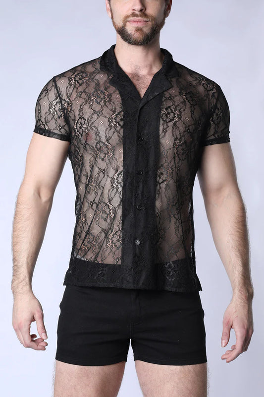 TIMOTEO POSITANO LACE BUTTON DOWN - BLACK