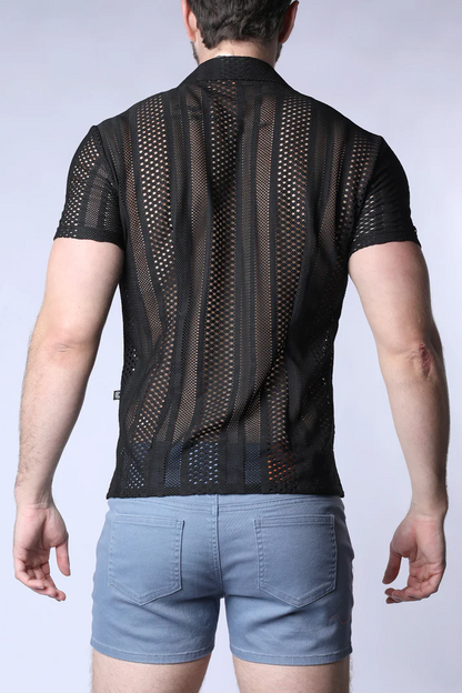 TIMOTEO SICILY CROCHET MESH BUTTON DOWN BLACK