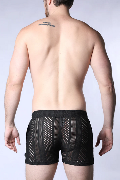 TIMOTEO SICILY CROCHET MESH SHORTS BLACK