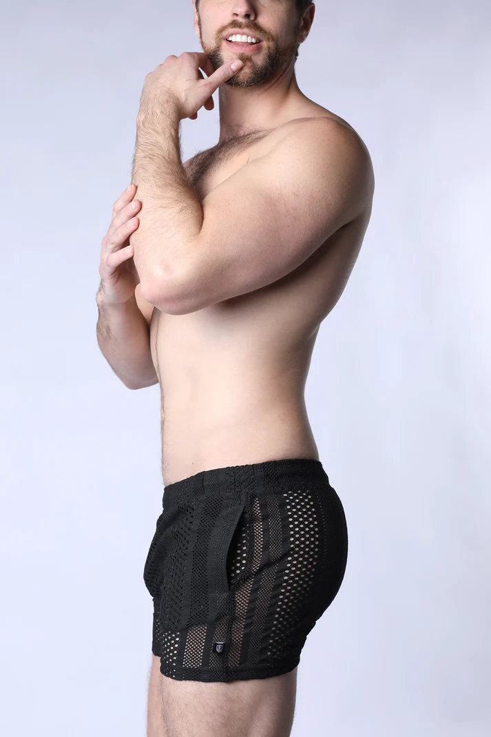 TIMOTEO SICILY CROCHET MESH SHORTS BLACK