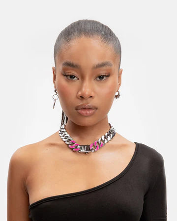 RARE ROMANCE CHUNKY CUBAN LINK NECKLACE PINK ENAMEL