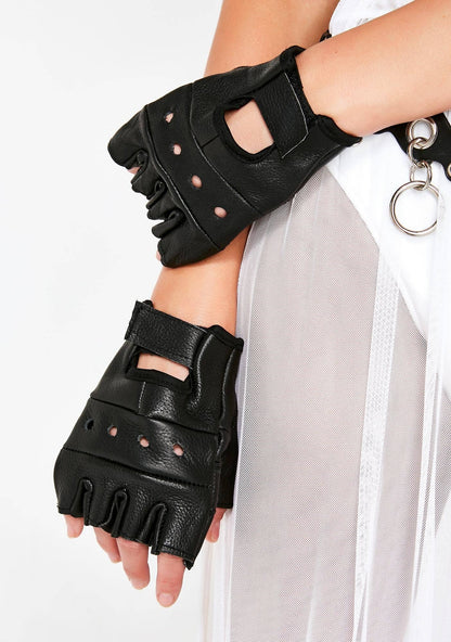 FUNK PLUS PLAIN FINGERLESS COWHIDE LEATHER GLOVES - BLACK