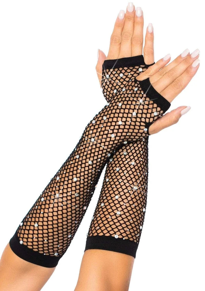 LEG AVENUE RHINESTONE FISHNET ARM WARMER GLOVES - BLACK
