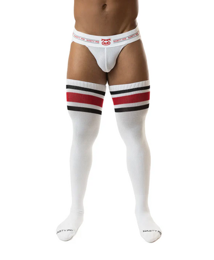 NASTY PIG HOOK'D UP THIGH HIGH SOCKS - WHITE/BLACK/RED