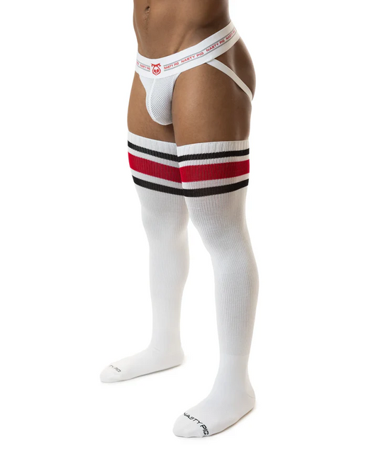 NASTY PIG HOOK'D UP THIGH HIGH SOCKS - WHITE/BLACK/RED