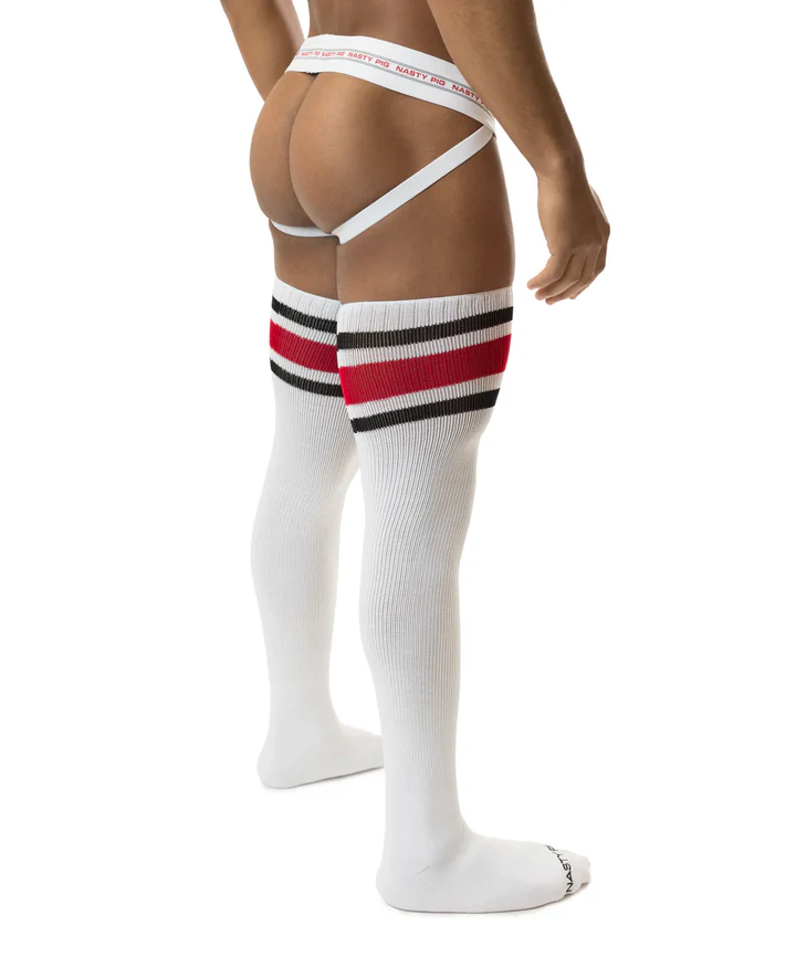 NASTY PIG HOOK'D UP THIGH HIGH SOCKS - WHITE/BLACK/RED