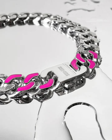 RARE ROMANCE CHUNKY CUBAN LINK NECKLACE PINK ENAMEL