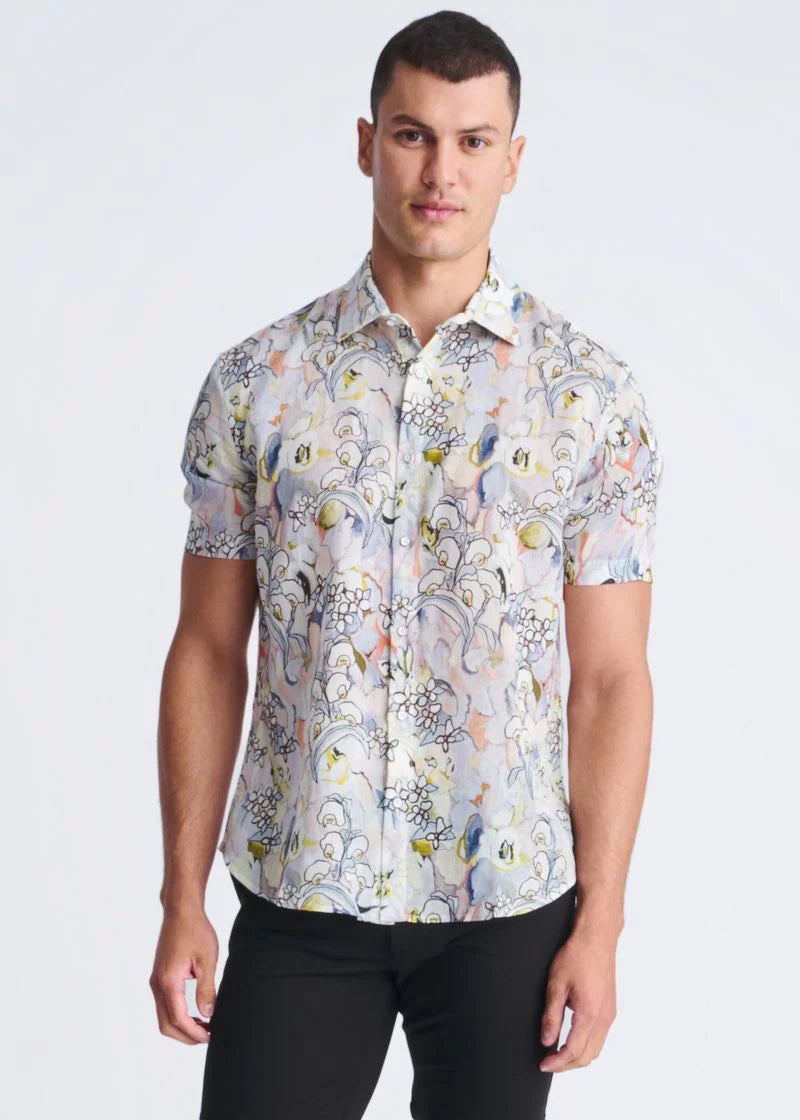 POSTMARC LINEN TINCEL SHORT SLEEVE SHIRT - ORCHID/ CORAL